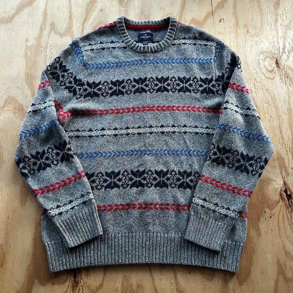 American Eagle Grey Fair Isle Crewneck Sweater - XXL